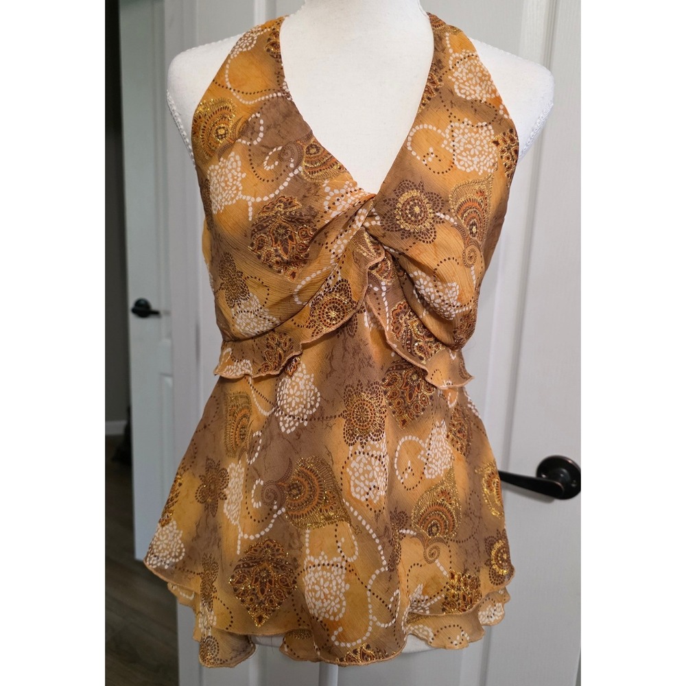 Studio 1940 Women M Brown Gold Paisley Metallic Halter Tiered Ruffle Y2K Top